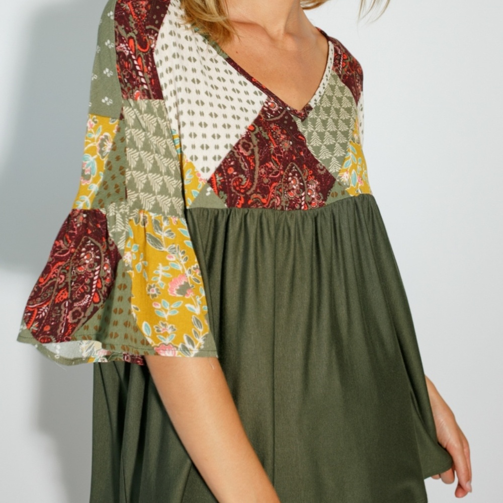 **LAST ONE**Olive Color-Block Paisley Baby Doll Top - Picture 2 of 7